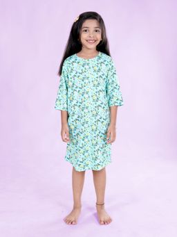 KiddoPanti - Girls Sea Green Cotton All Over Floral Printed Dress