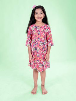 KiddoPanti - Girls Pink Cotton All Over Floral Printed Dress