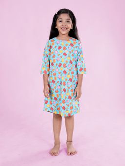 KiddoPanti - Girls Turquoise Cotton All Over Pumpkin Printed Dress