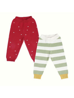Kids of Greendeer - Cherry Red Snow Fall & Green Stripe Cotton 2 Lowers (Set of 2)