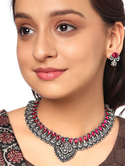 Yellow Chimes - Silver Traditional Silver Oxidized Choker Necklace Sets for Women