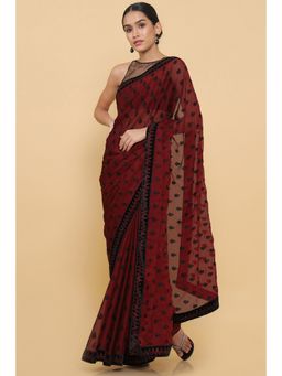 Soch - Maroon Chiffon Saree With Embroidery And Stone Work with Unstitched Blouse