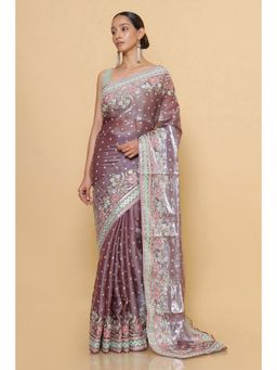Soch - Purple Organza Saree With Embroidery And Mirror Work with Unstitched Blouse