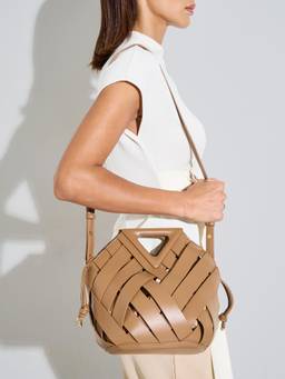 Styli - Women Tan Textured Woven Top Handle Handbag