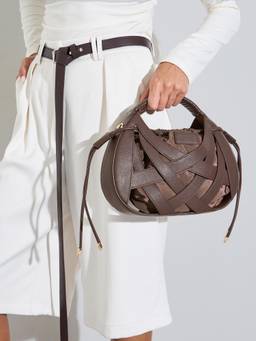 Styli - Women Brown Woven Cage Drawstring Detail Handbag