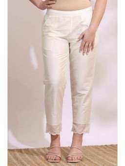 W - Solid Mid-Rise Straight Pants with Embroidered Organza Scallop Hemline