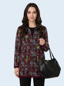 Monte Carlo - Womens Regular Fit Full Sleeve Collared Jacquard Winter Long Cardigan