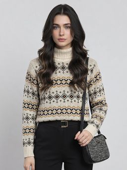 Monte Carlo - Womens Regular Fit Full Sleeve High Neck Jacquard Winter Pullover Sweater