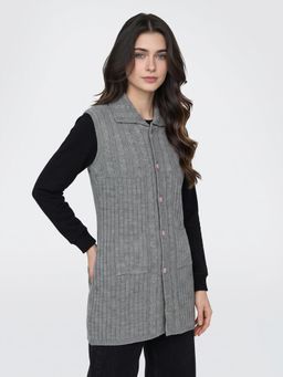 Monte Carlo - Womens Regular Fit Sleeveless Collared Self Designed Winter Long Cardigan