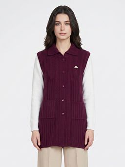 Monte Carlo - Womens Regular Fit Sleeveless Collared Self Designed Winter Long Cardigan