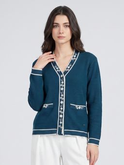 Monte Carlo - Womens Regular Fit Full Sleeve V-Neck Self Designed Winter Cardigan