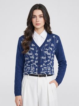 Monte Carlo - Womens Regular Fit Full Sleeve V-Neck Jacquard Winter Cardigan
