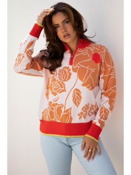 Errabelly - Khaki Floral Half Zip Collared Pullover Sweater