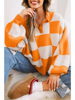 Errabelly - Grapefruit Orange Checkered Pattern Polo Collar Loose Sweater