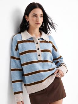 Outzidr - Blue Thick Striped Button Down Collared Sweater
