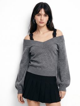 Outzidr - Charcoal Cold Shoulder Sweater With Lace Straps
