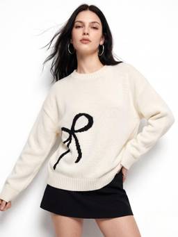 Outzidr - Cream High Neck Sweater With Bow Graphic