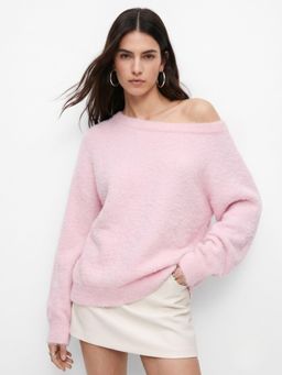 Outzidr - Pink Off-Shoulder Fuzzy Sweater