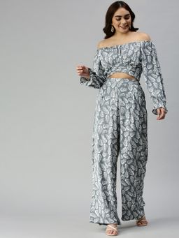 SHOWOFF - Women Above Knee Off-Shoulder Grey Floral Co-Ord (Set of 2)
