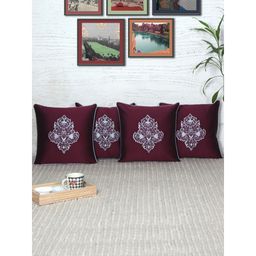 Zeba World - Central Motif Embroidery with Patch and Cord Piping Cushion Covers (Pack Of 4)