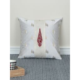 Zeba World - White Brocade Silk with Motif Embriodered Cushion Cover