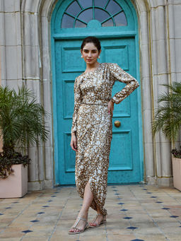 Karaj Jaipur - Wood Brown Gazi Silk Pre-draped Saree with Stitched