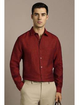 Louis Philippe - Men Maroon Textured Full Sleeves Formal Shirt