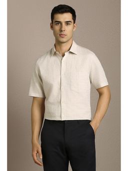 Louis Philippe - Men Beige Self Design Half Sleeves Formal Shirt