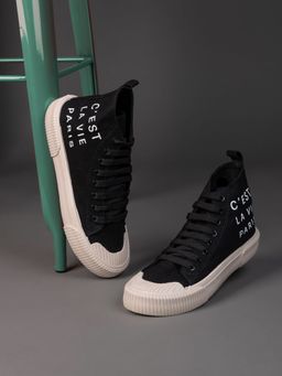 Styli - Men's Black Mid Top Canvas Slogan Print Casual Shoes