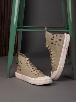 Styli - Men's Brown Mid Top Canvas Slogan Print Casual Shoes