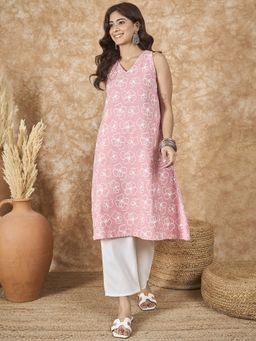 InWeave - Pastel Peach V Neck Aline Kurta with Pant (Set of 2)