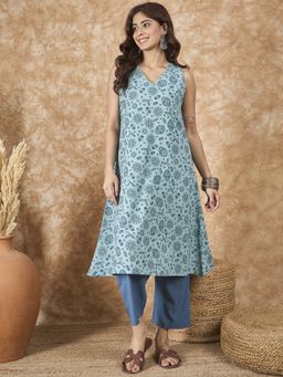 InWeave - Mint Blue V Neck A-line Kurta with Pant (Set of 2)