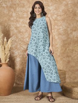 InWeave - Mint Blue Side Asymmetric Kurta with Palazzo (Set of 2)