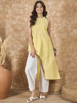InWeave - Light Yellow Side Asymmetric Kurta with Pant (Set of 2)