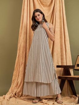 InWeave - Beige Green Halter Button Kurta with Palazzo (Set of 2)