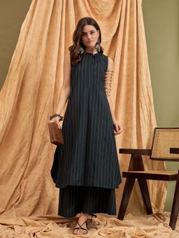 InWeave - Black Blue Halter Button Kurta with Pant (Set of 2)