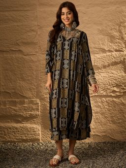 InWeave - Black Golden Beige V-Flared Kurta with Palazzo (Set of 2)