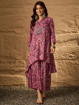 InWeave - Burgundy Big Jaal Mandarin Kurta with Palazzo (Set of 2)