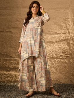 InWeave - Cream Blue Motif Mandarin Kurta with Palazzo (Set of 2)