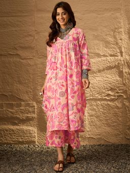 InWeave - Light Orange Big V-Flared Kurta with Palazzo (Set of 2)