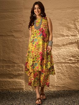 InWeave - Mustard Multi Print Round Neck Kurta with Palazzo (Set of 2)