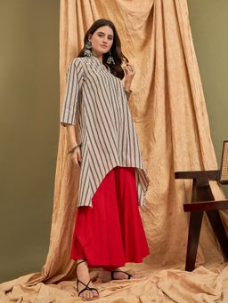 InWeave - Beige Green Striped Mandarin Kurta with Palazzo (Set of 2)