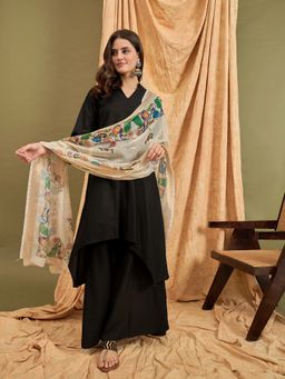 InWeave - Black Mandarin D51 Kurta with Palazzo and Dupatta (Set of 3)