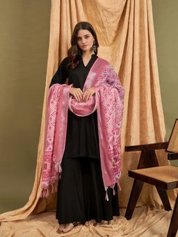 InWeave - Black Mandarin D43 Kurta with Palazzo and Dupatta (Set of 3)
