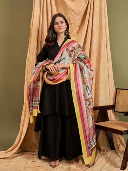 InWeave - Black Mandarin D48 Kurta with Palazzo and Dupatta (Set of 3)