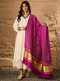 InWeave - White V Neck Flared D57 Kurta with Palazzo and Dupatta (Set of 3)