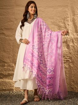 InWeave - White V Neck Flared D41 Kurta with Palazzo and Dupatta (Set of 3)