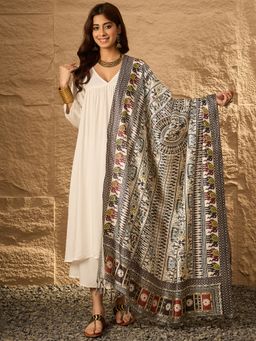 InWeave - White V Neck Flared D39 Kurta with Palazzo and Dupatta (Set of 3)