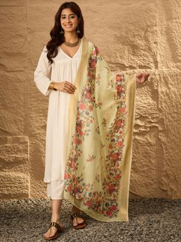 InWeave - White V Neck Flared D54 Kurta with Palazzo and Dupatta (Set of 3)