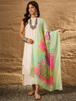 InWeave - White Round Neck D56 Kurta with Palazzo and Dupatta (Set of 3)